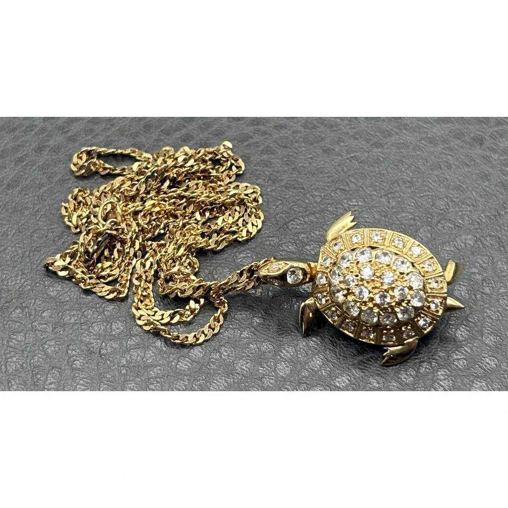 Vermeil Sterling Silver Moving Turtle Rhinestone Pendant Necklace 30